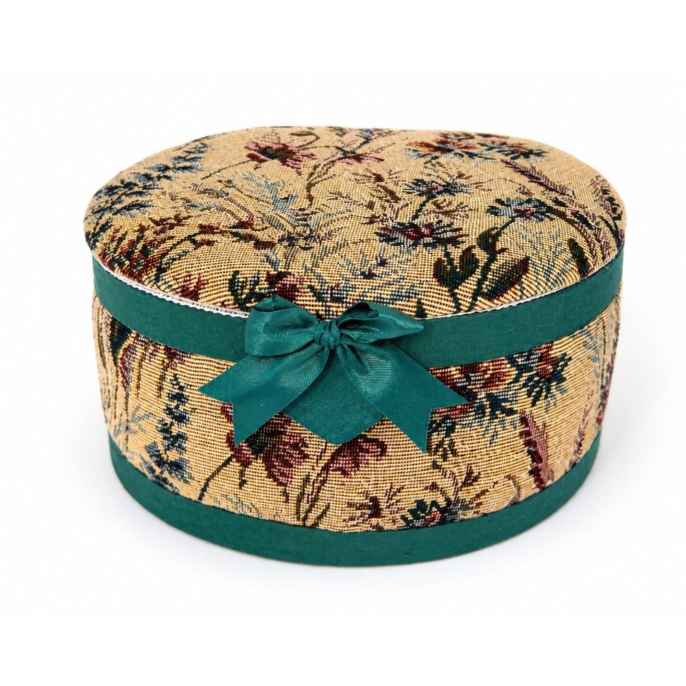 Vintage Floral Tapestry Oval Sewing Trinket Jewelry Box Green Satin Bow Lined 8"